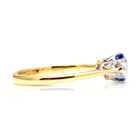 Antique, Edwardian Sapphire and Diamond Three-Stone Engagement Ring, 18ct Yellow Gold and Platinum