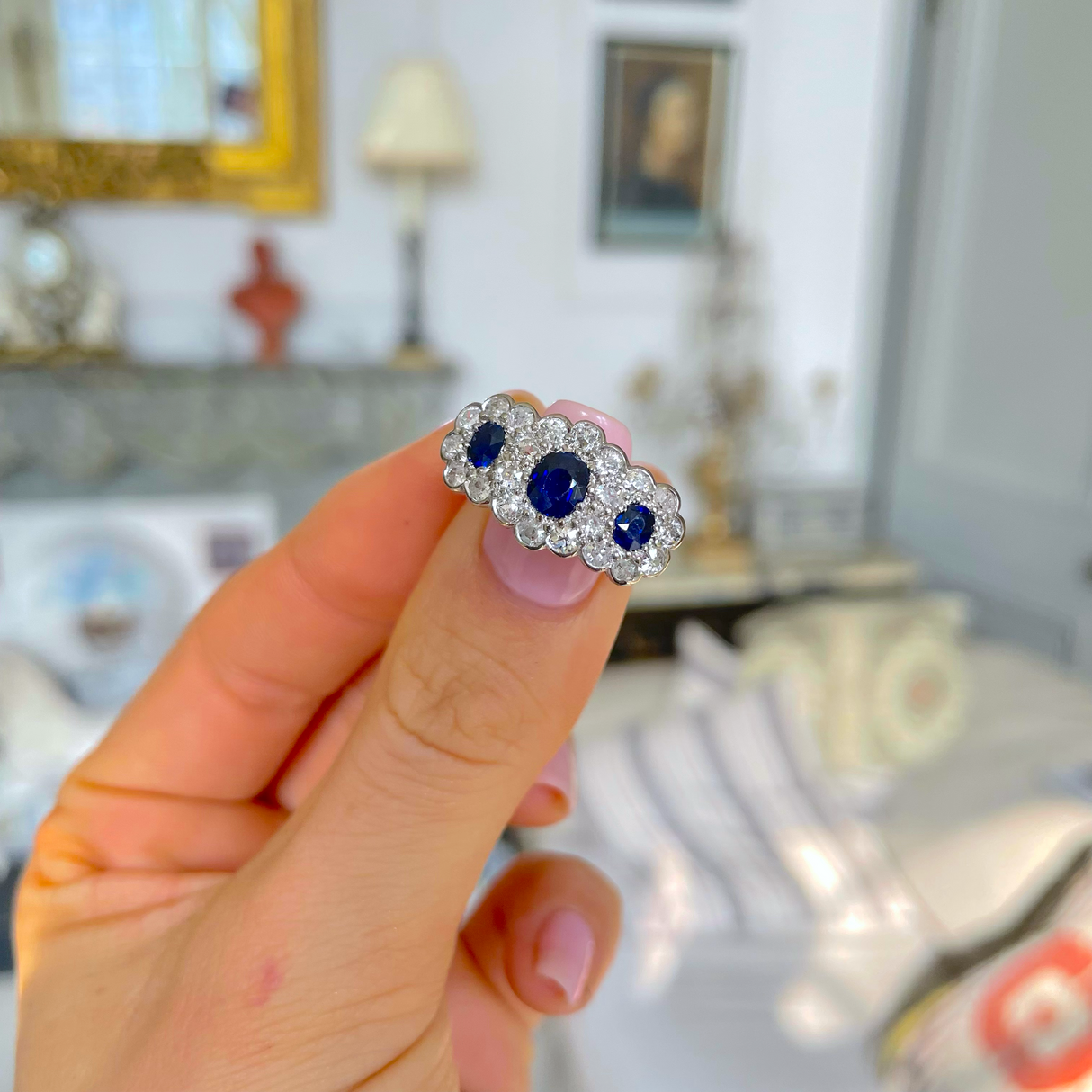 Antique sapphire & diamond triple daisy cluster ring