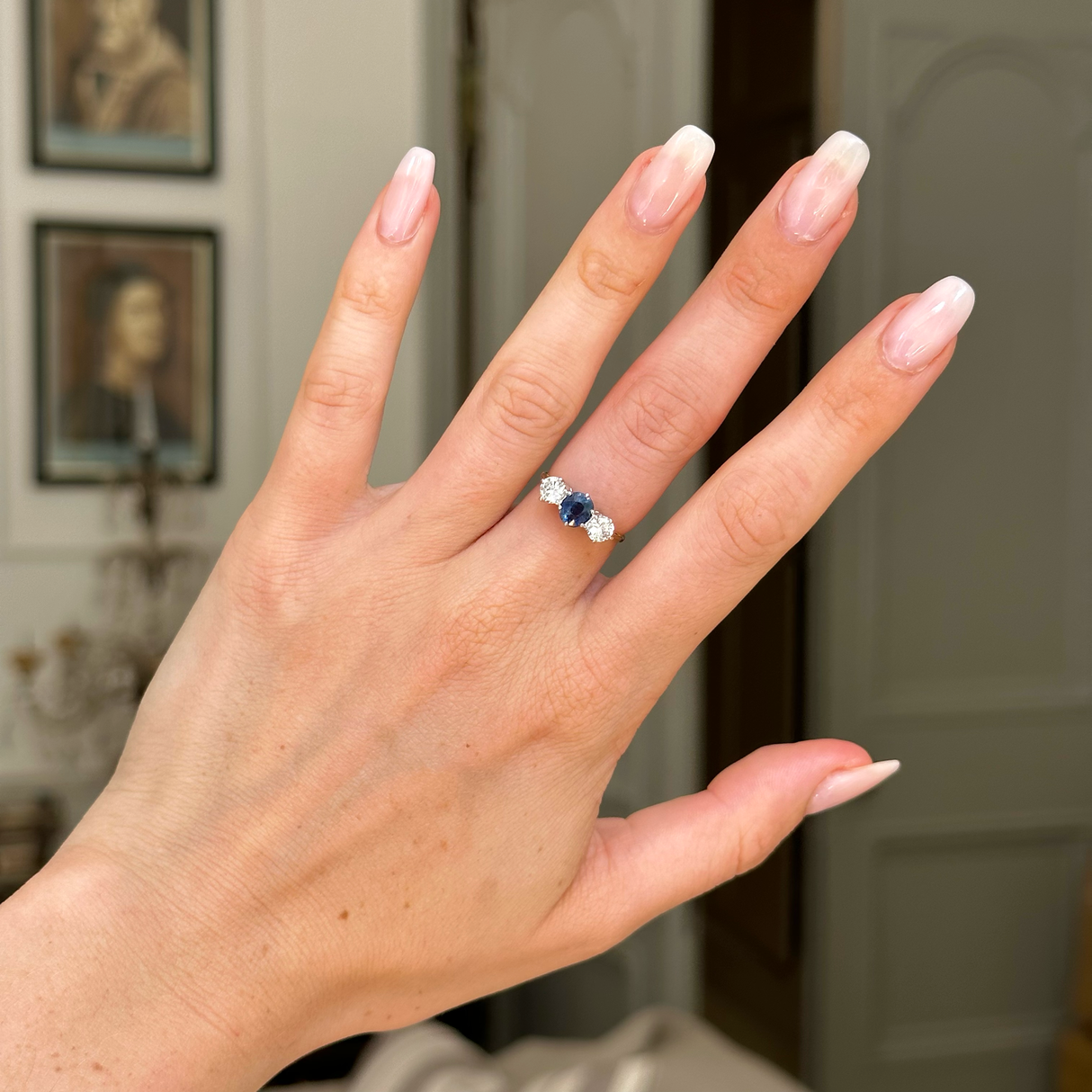 Antique, Edwardian three stone sapphire and diamond engagement ring, 18ct yellow gold