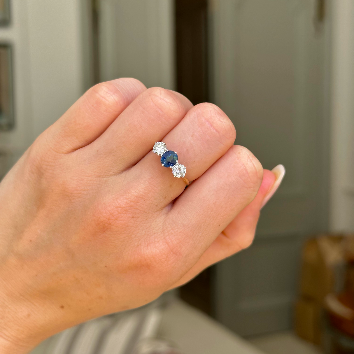 Antique, Edwardian three stone sapphire and diamond engagement ring, 18ct yellow gold