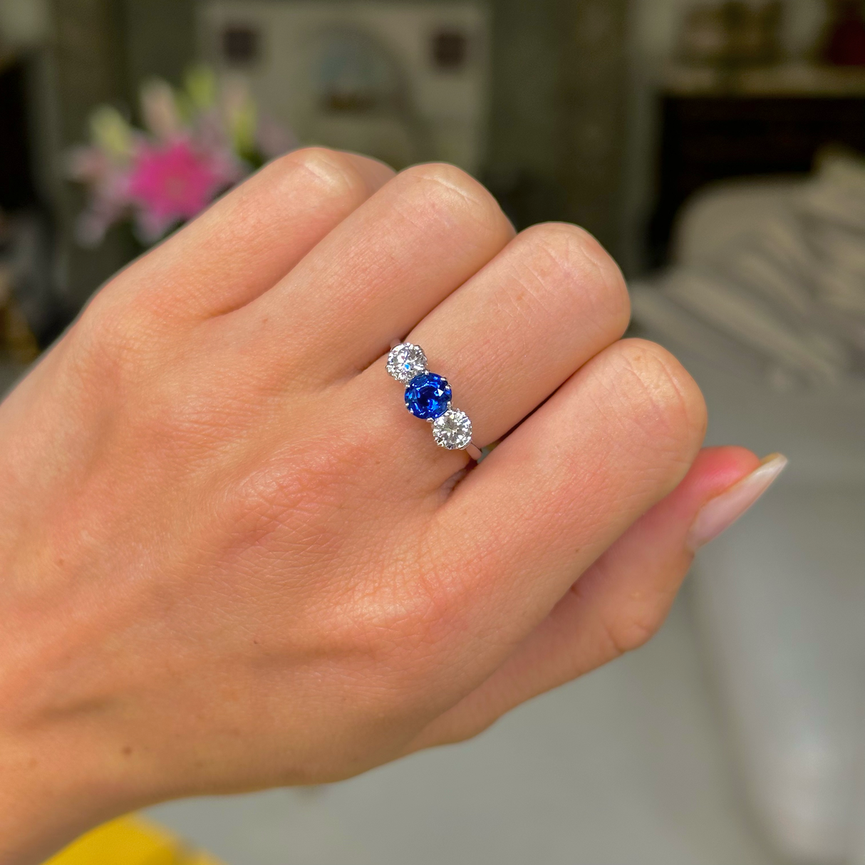Antique, Art Deco sapphire & diamond three stone ring, platinum