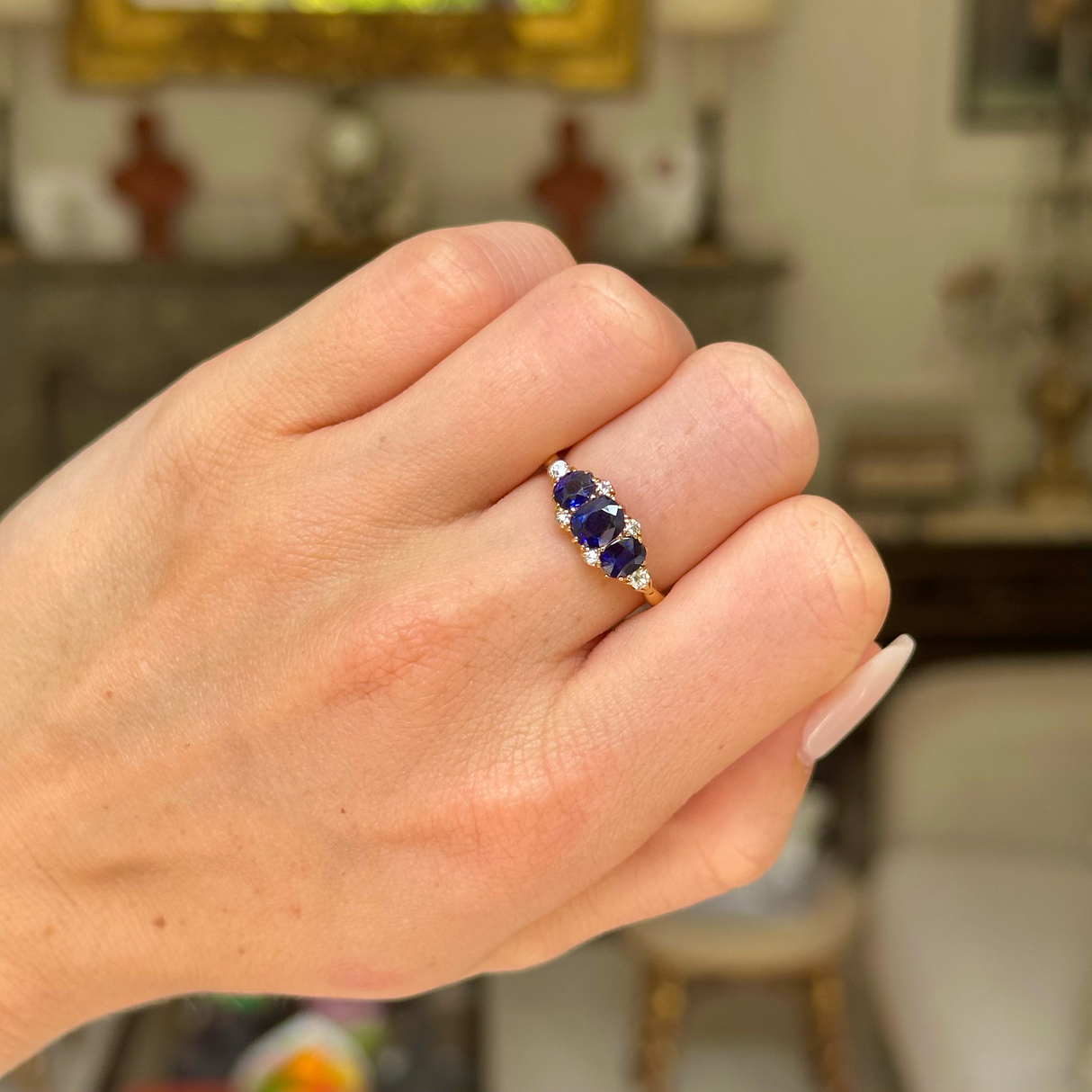 Antique blue sapphire and diamond engagement ring, 18ct yellow gold
