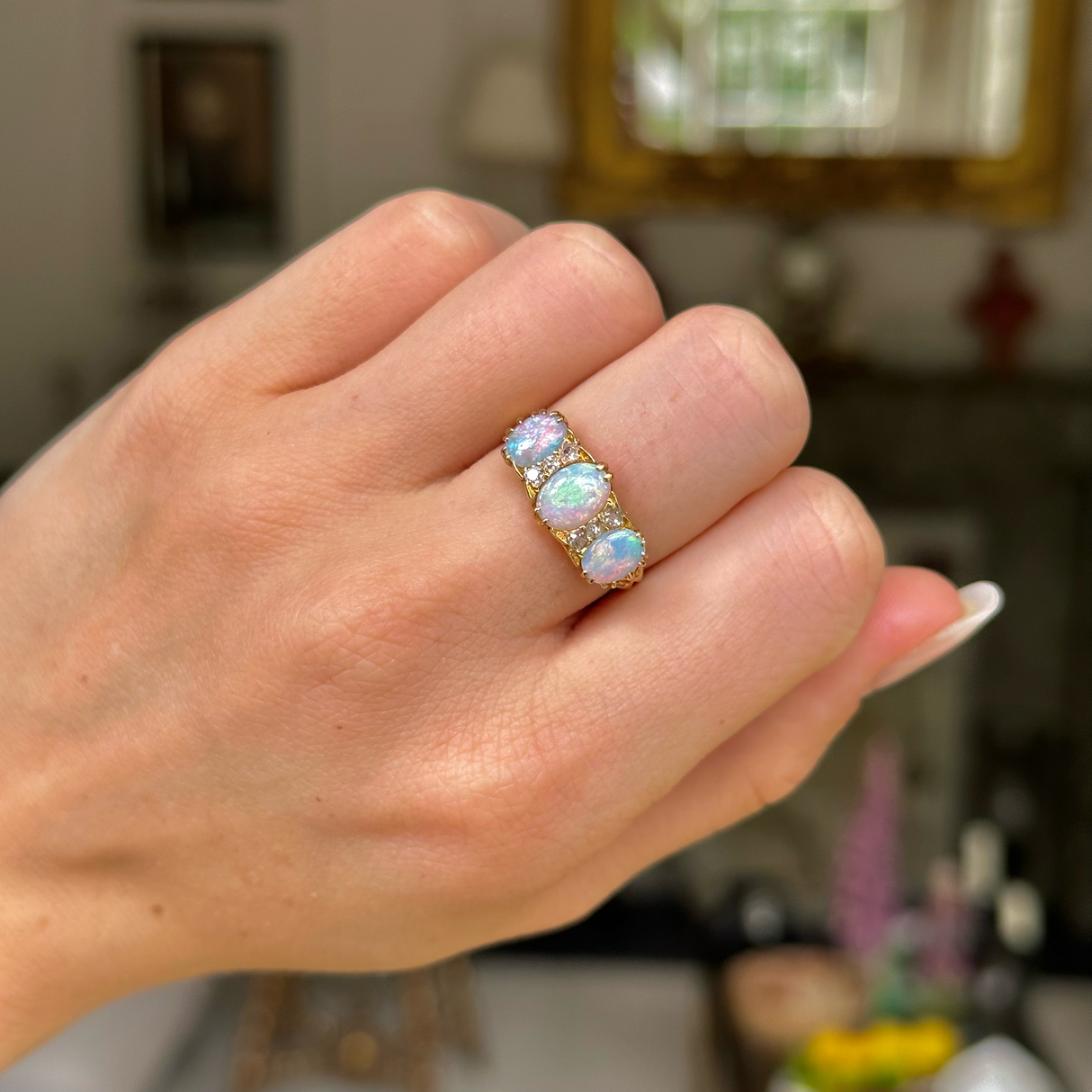 Antique, Edwardian, three stone australian opal and diamond ring, 18ct yellow gold