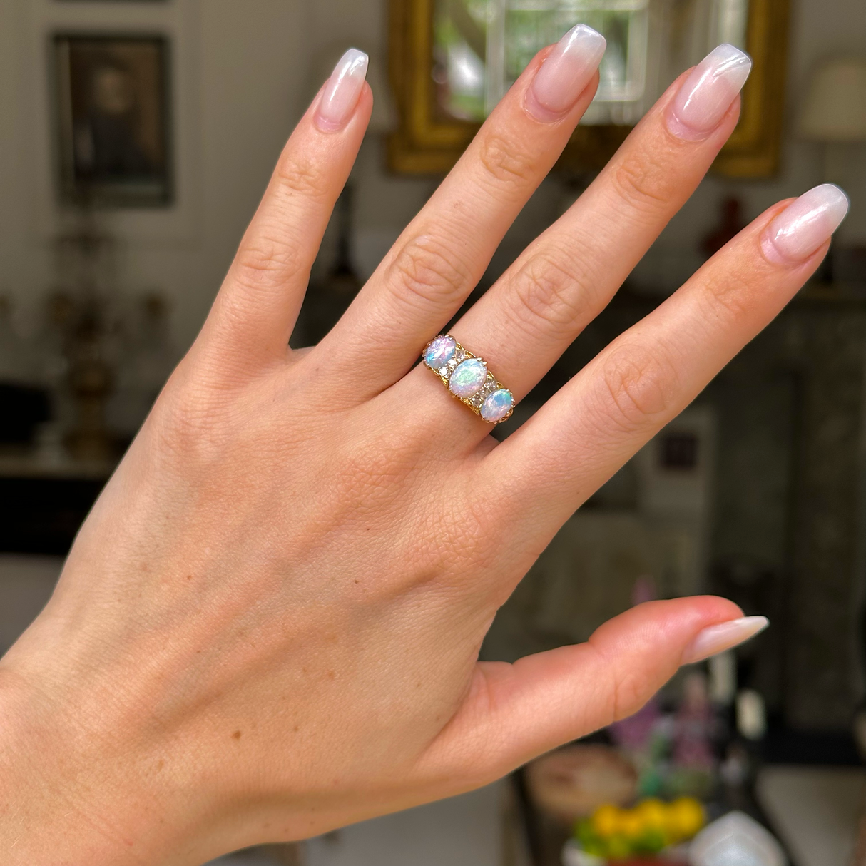 Antique, Edwardian, three stone australian opal and diamond ring, 18ct yellow gold