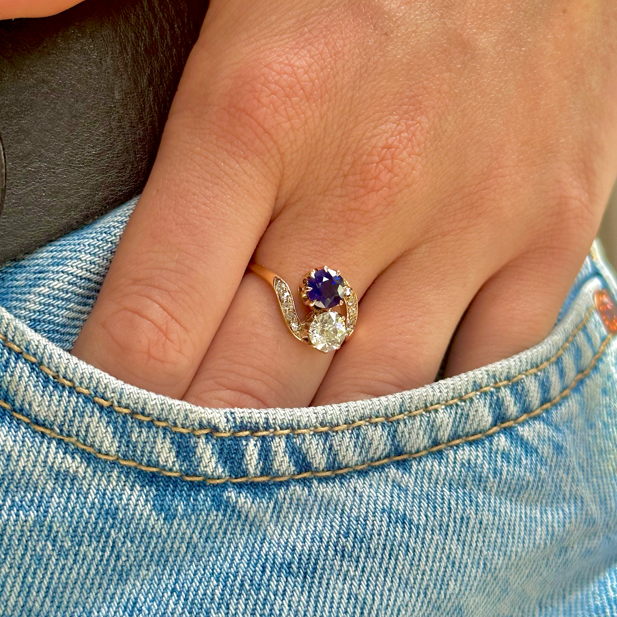 Sold | antique, Edwardian, sapphire and diamond toi et moi engagement ring, 14ct yellow gold