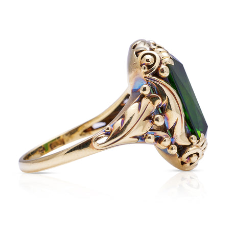 Antique, Art Nouveau, chrome green tourmaline ring, 14ct yellow gold
