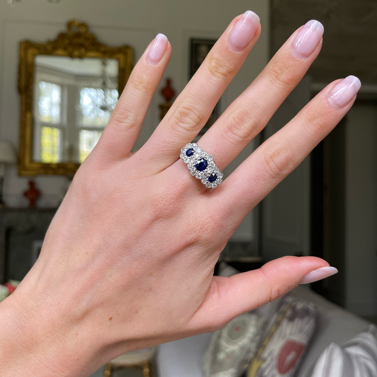 Antique sapphire & diamond triple daisy cluster ring