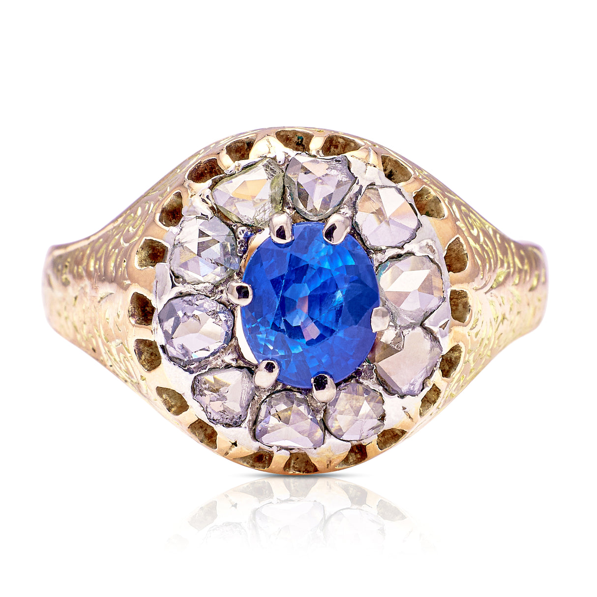 Antique, Victorian blue sapphire & rose-cut diamond daisy cluster ring