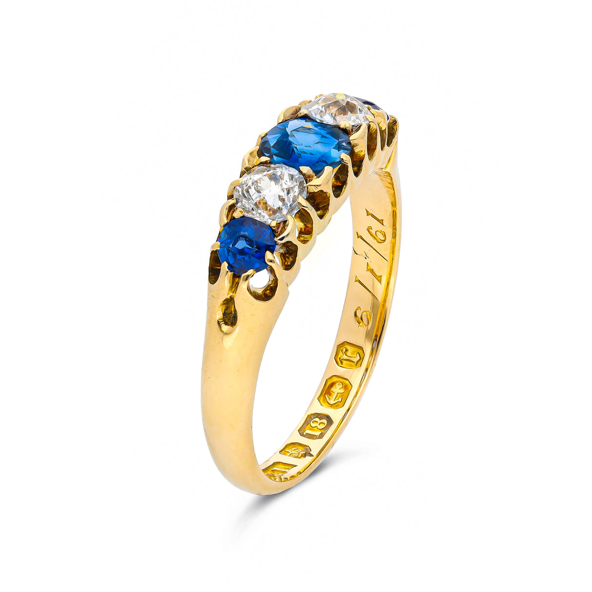 Antique, Victorian five stone sapphire and diamond ring, 18ct yellow gold