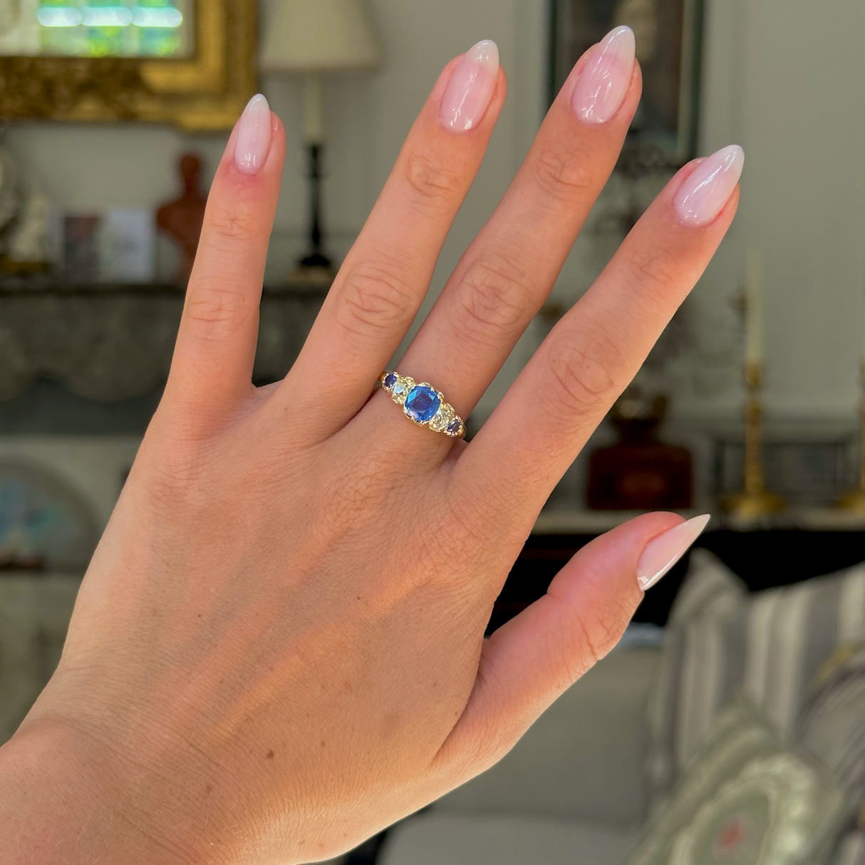 Antique, ceylon sapphire and diamond half hoop ring