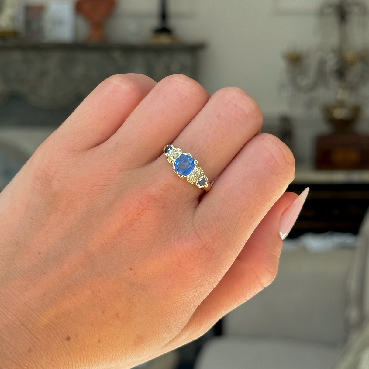 Antique, ceylon sapphire and diamond half hoop ring