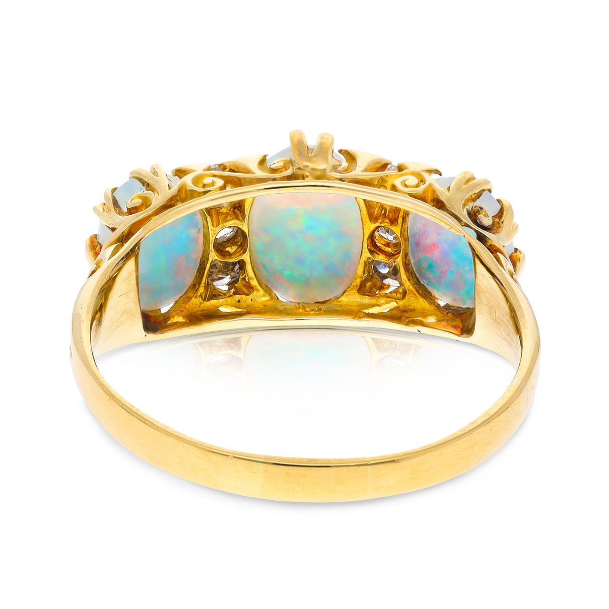 Antique, Edwardian, three stone australian opal and diamond ring, 18ct yellow gold