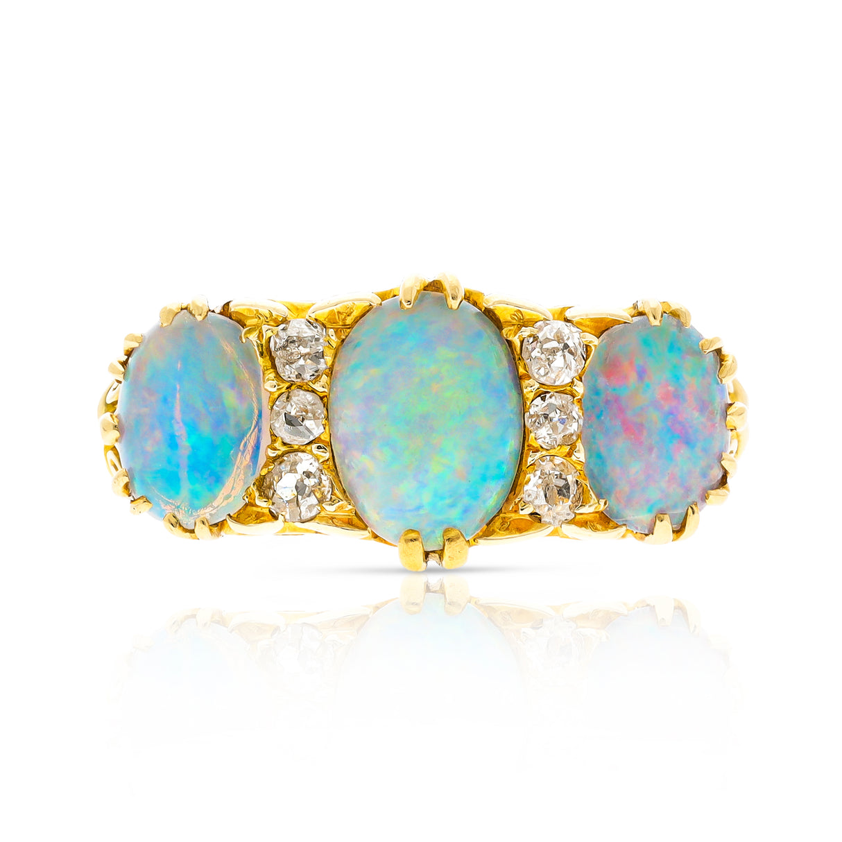 Antique, Edwardian, three stone australian opal and diamond ring, 18ct yellow gold