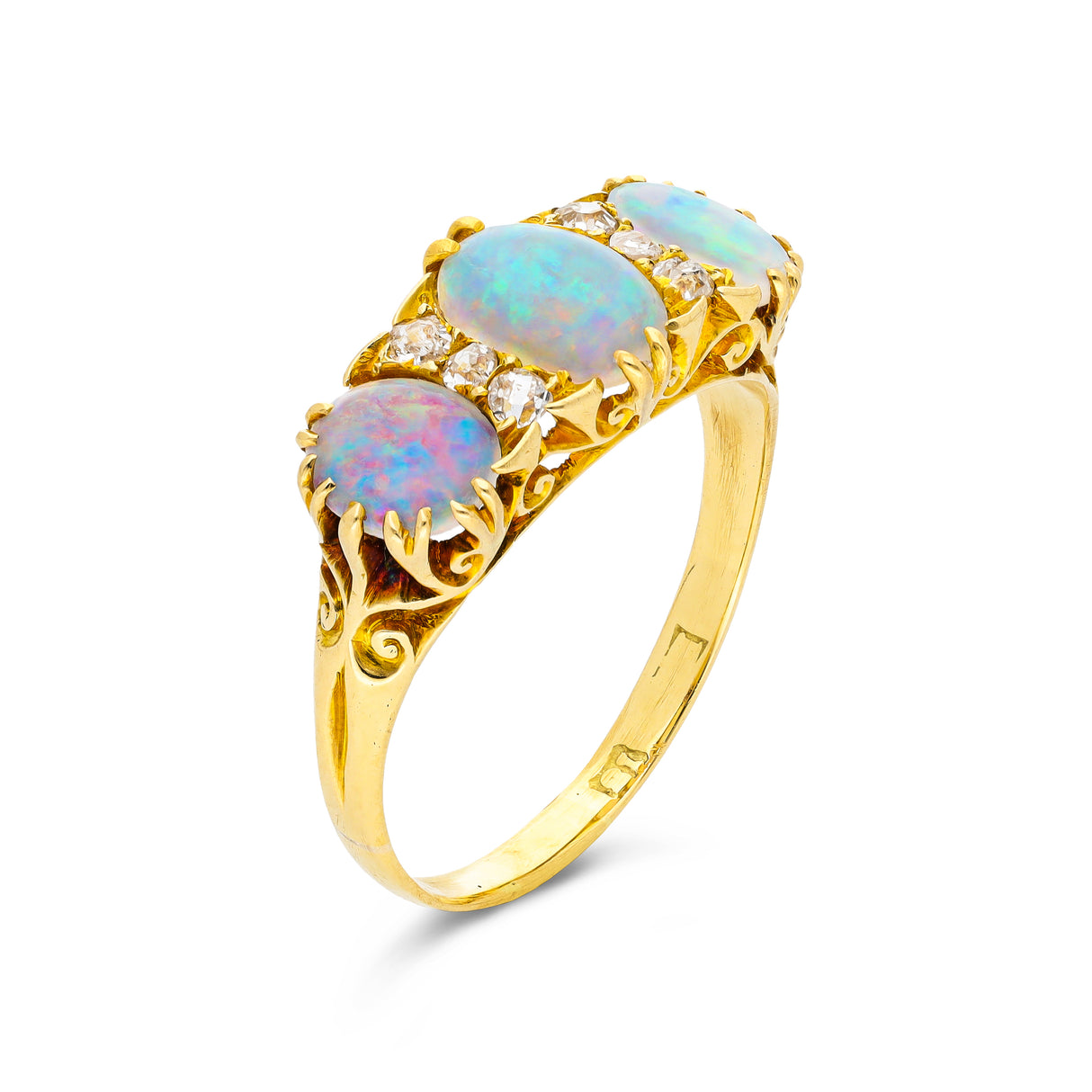 Antique, Edwardian, three stone australian opal and diamond ring, 18ct yellow gold
