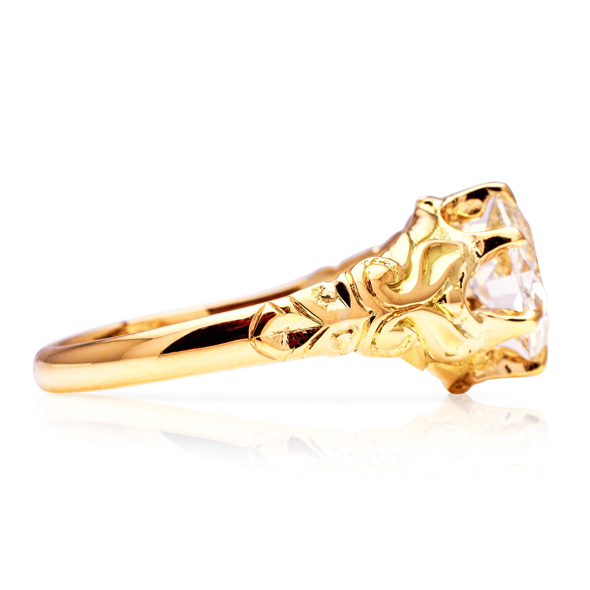 Victorian solitaire diamond engagement ring, side view.