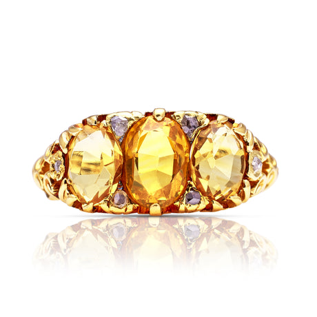 Victorian three stone citrine ring, front view. 