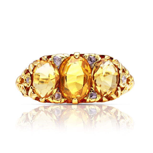 Victorian three stone citrine ring, front view.