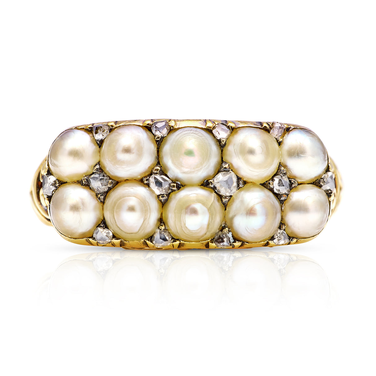 Antique, Victorian Double Row Pearl & Diamond Ring, 15ct Yellow Gold
