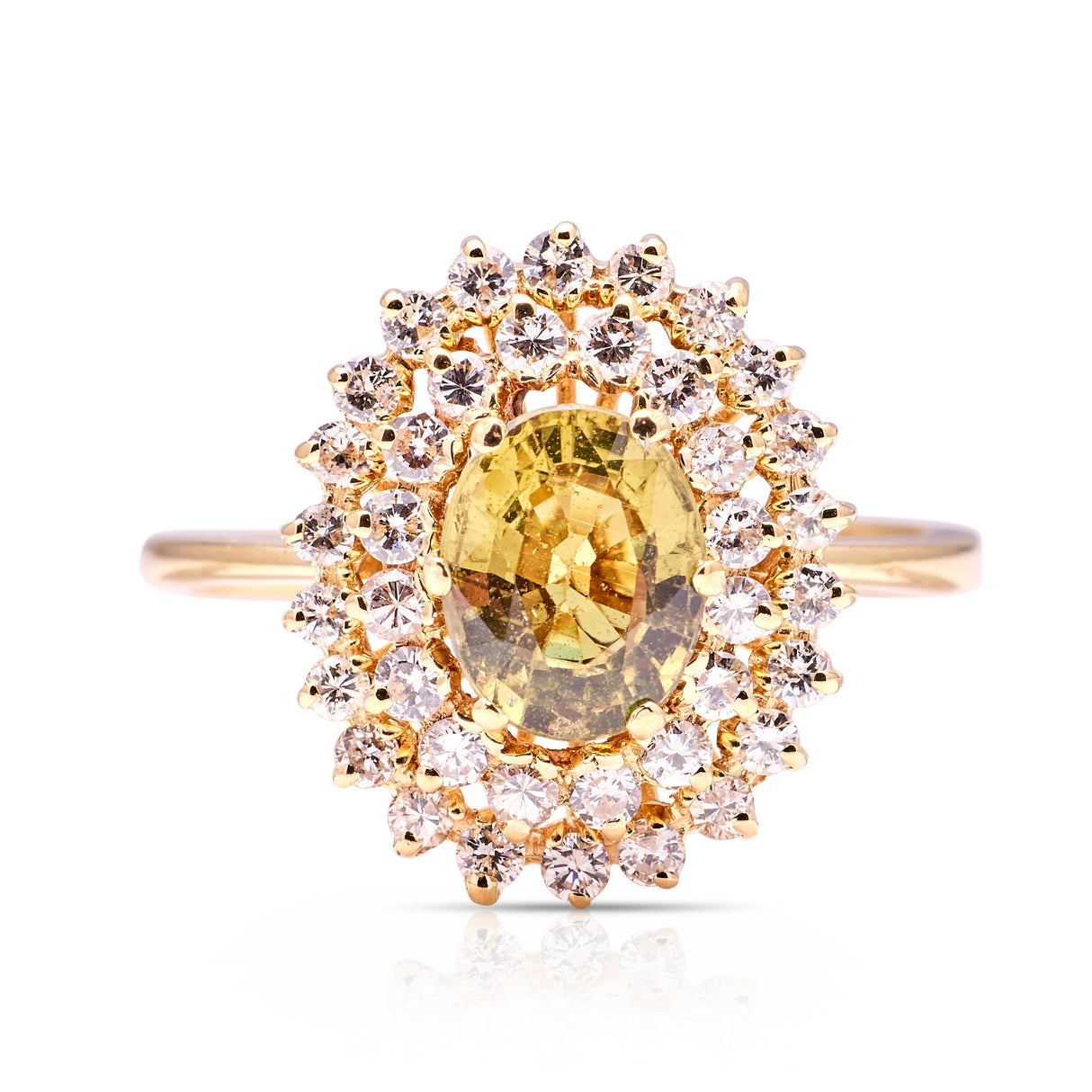 Vintage, 1950s green-yellow sapphire and diamond cluster ring, 18ct yellow gold front