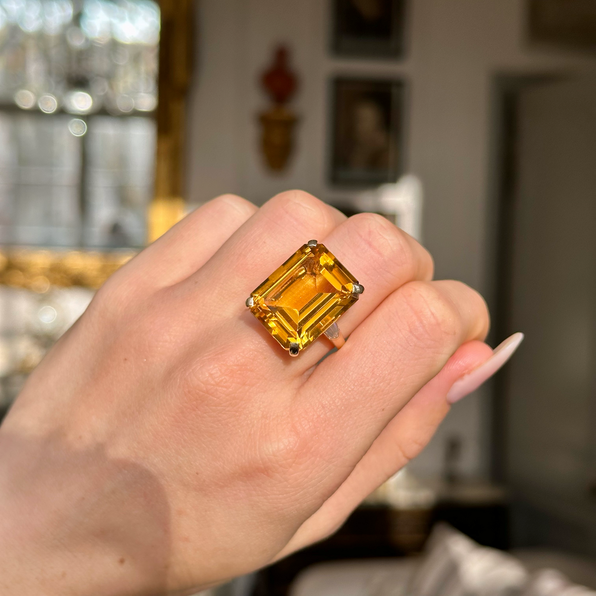 vintage cartier citrine cocktail ring worn on closed hand.