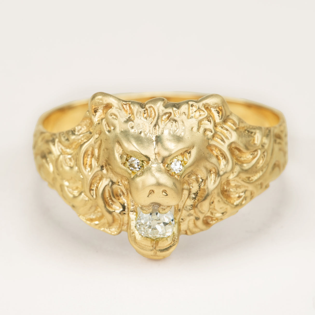 Vintage 1950s old-cut diamond lion’s head ring with diamond-set eyes
