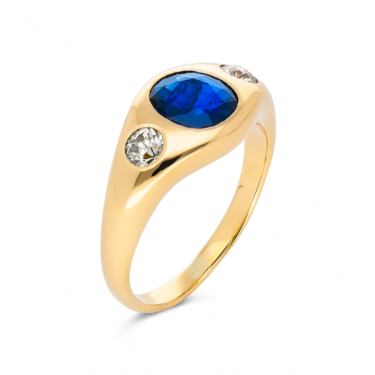 Vintage Burmese blue sapphire and diamond gypsy ring, 18ct yellow gold