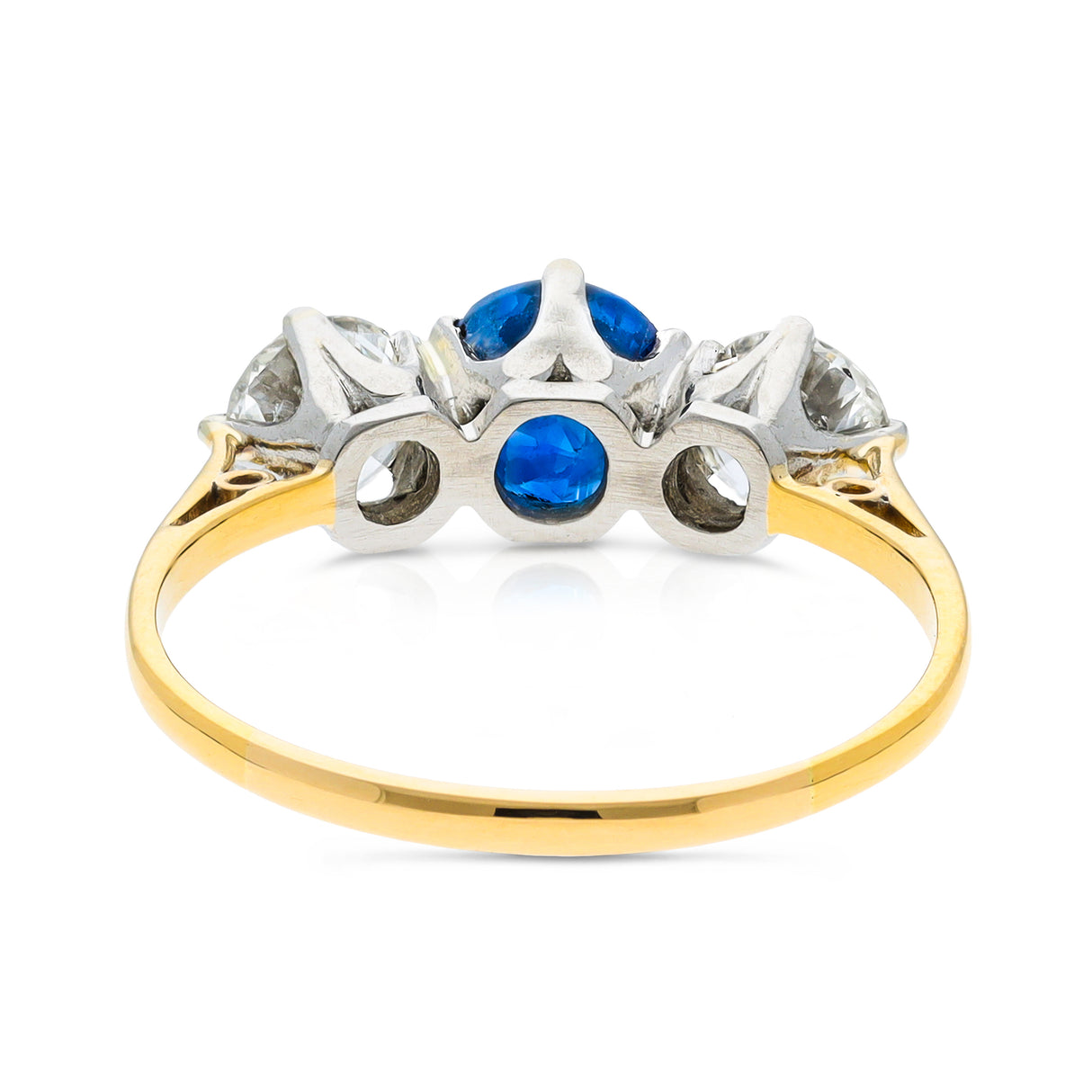 Antique, Edwardian three stone sapphire and diamond engagement ring, 18ct yellow gold