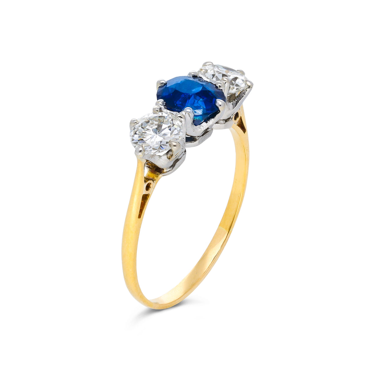 Antique, Edwardian three stone sapphire and diamond engagement ring, 18ct yellow gold