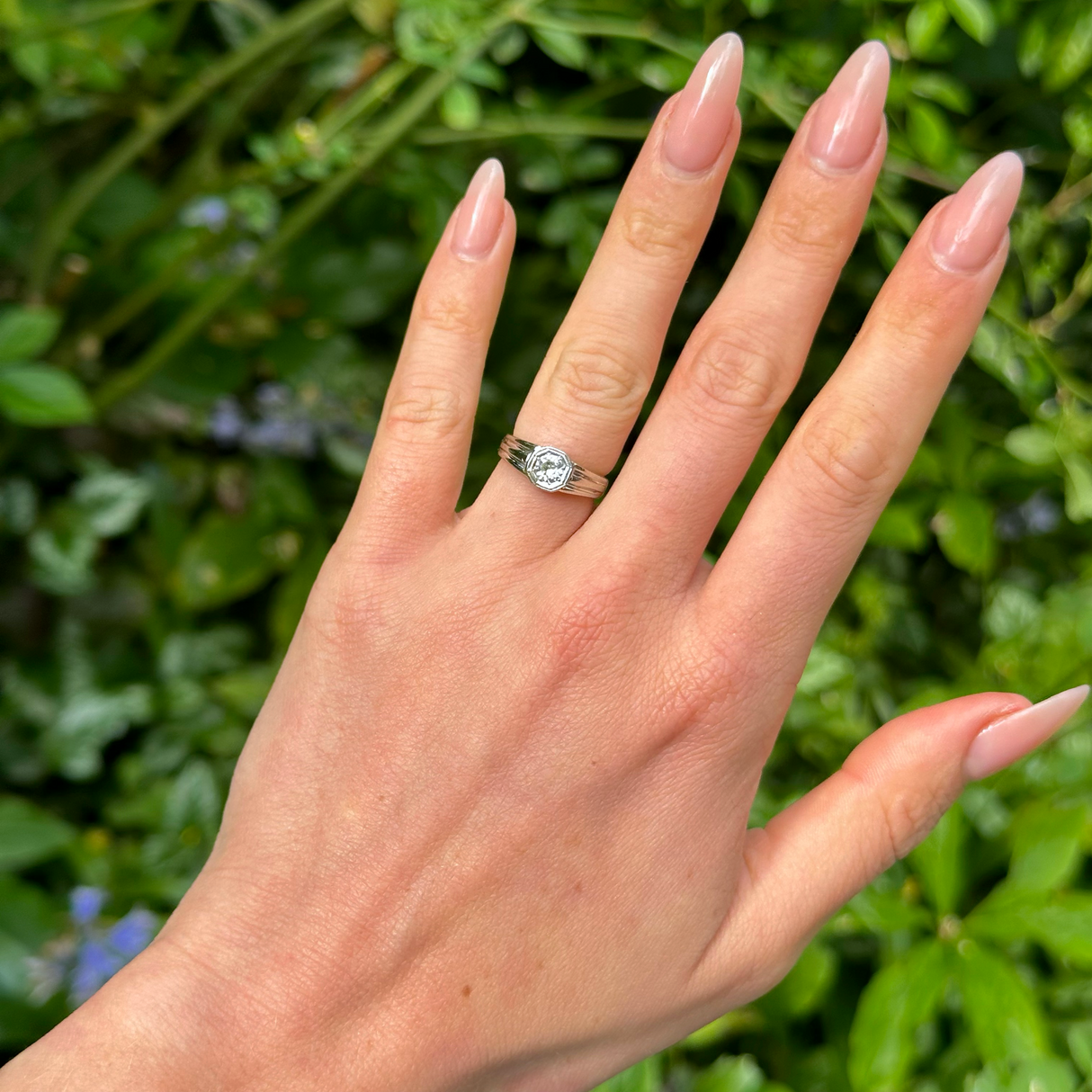 Vintage, 1930s Diamond Engagement Ring, 18ct Yellow Gold and Platinum worn on hand.