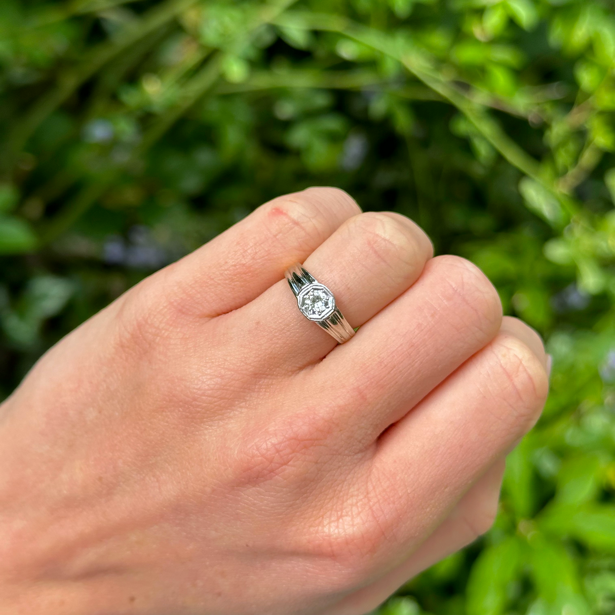 Vintage, 1930s Diamond Engagement Ring, 18ct Yellow Gold and Platinum worn on hand.