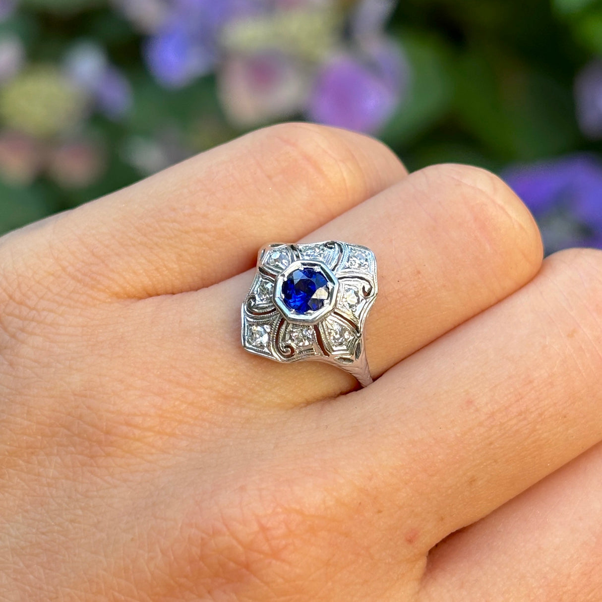 Vintage, 1930s sapphire and diamond ring worn on hand