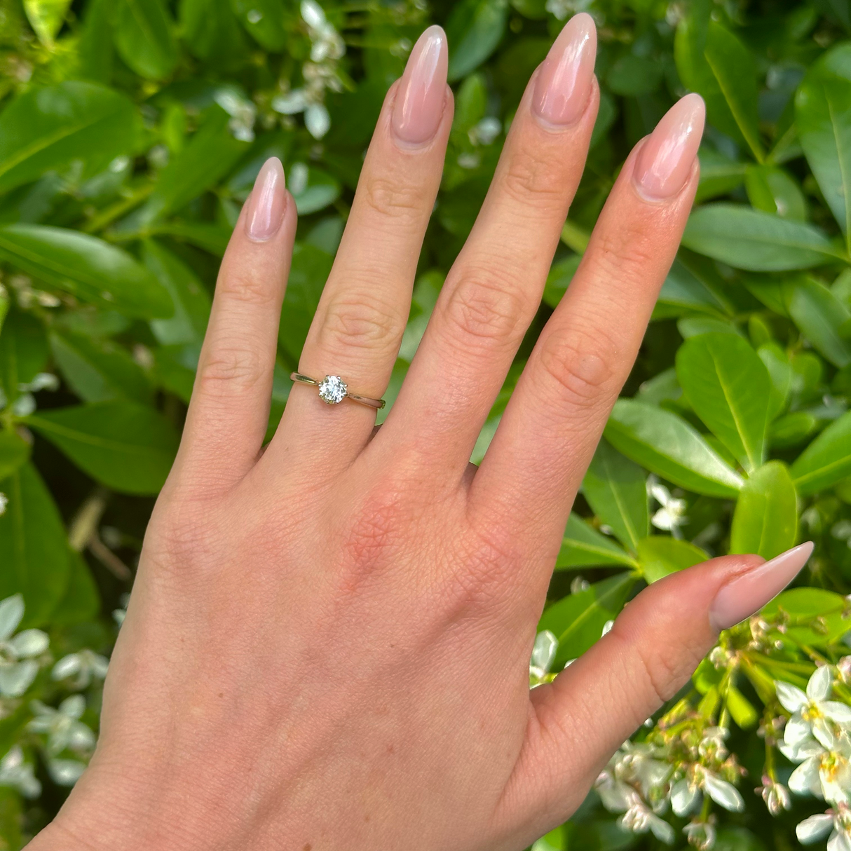 Vintage, 1930s Solitaire Old Cut Diamond Engagement Ring, 18ct Yellow Gold and Platinum worn on hand.