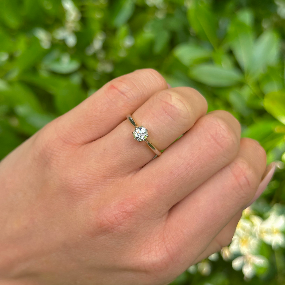 Vintage, 1930s Solitaire Old Cut Diamond Engagement Ring, 18ct Yellow Gold and Platinum worn on hand.