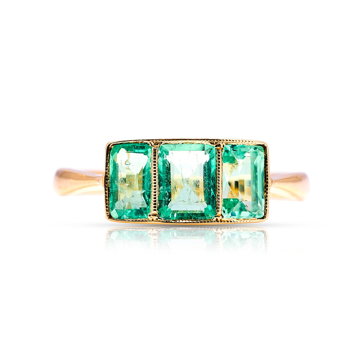 Vintage, 1930s three-stone emerald ring front view