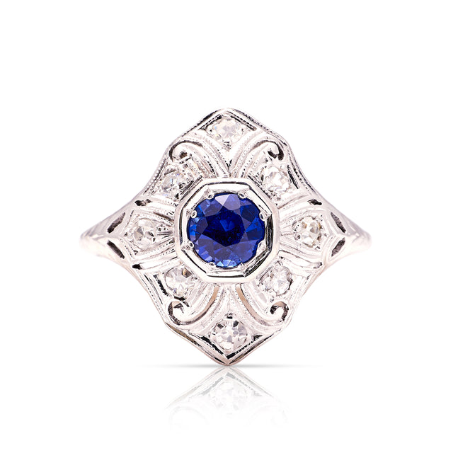 Vintage, 1930s sapphire and diamond ring front view