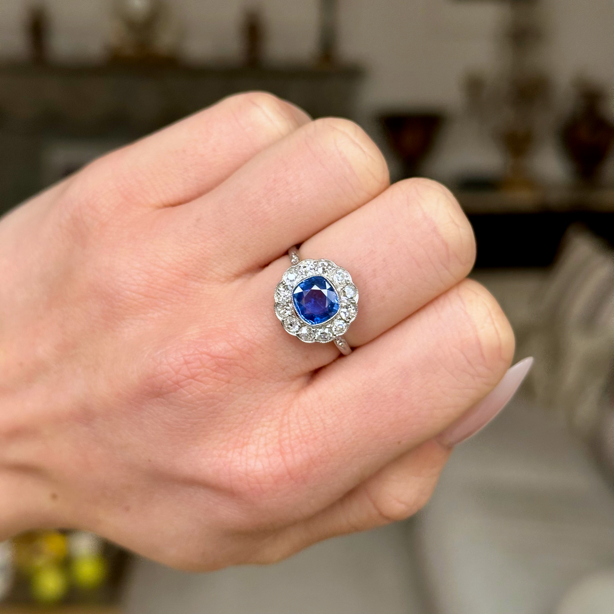 Vintage, 1940s Ceylon Cushion-Cut Sapphire and Diamond Cluster Engagement Ring, worn on hand