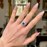 Vintage, 1940s Ceylon Cushion-Cut Sapphire and Diamond Cluster Engagement Ring, worn on hand