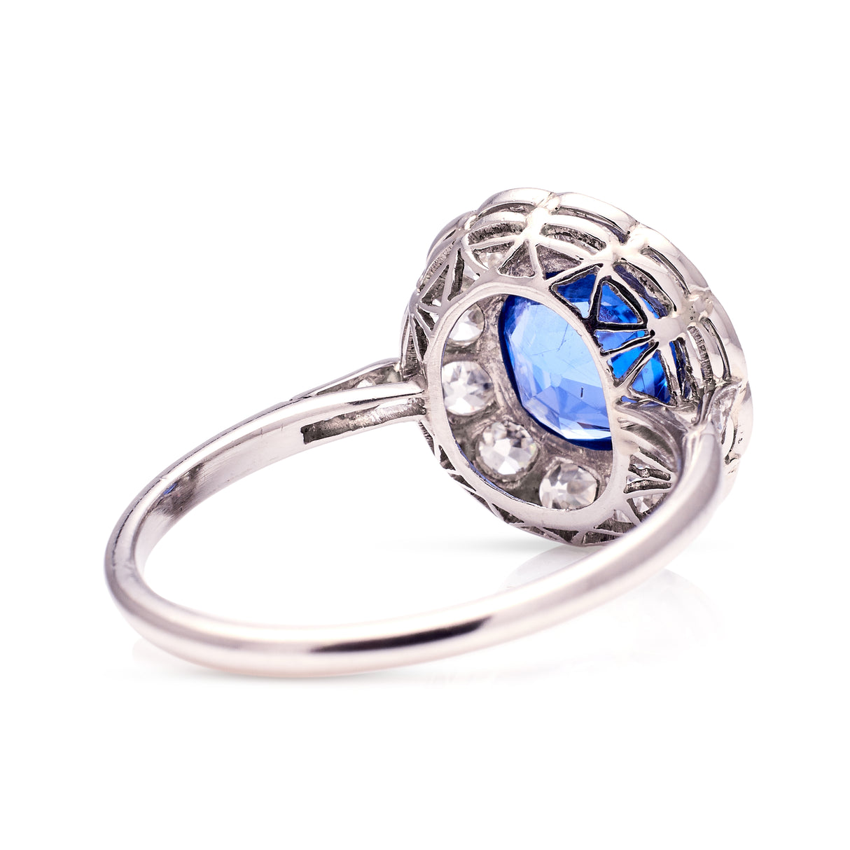 Vintage, 1940s Ceylon Cushion-Cut Sapphire and Diamond Cluster Engagement Ring rear view