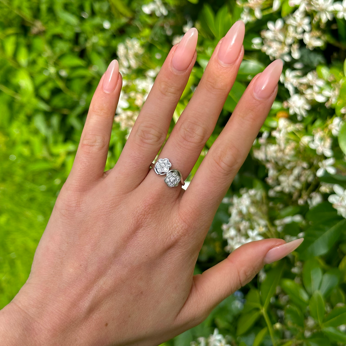 Vintage, 1940s Diamond Cluster Engagement Ring, 18ct White Gold and Platinum worn on hand.