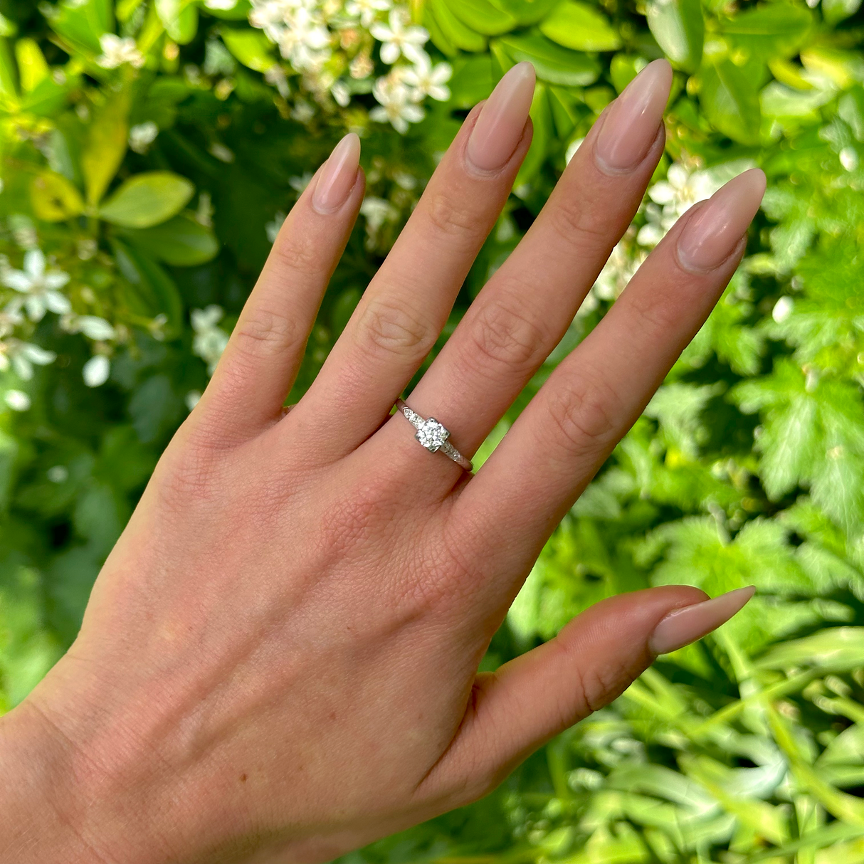 Vintage, 1940s Diamond Engagement Ring, White Gold and Platinum worn on hand.
