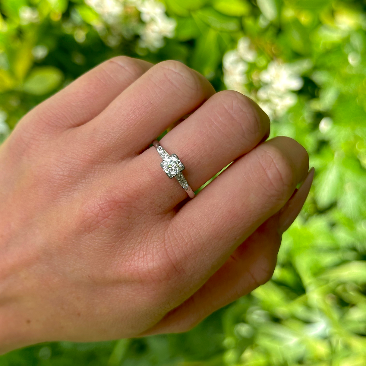 Vintage, 1940s Diamond Engagement Ring, White Gold and Platinum worn on hand.