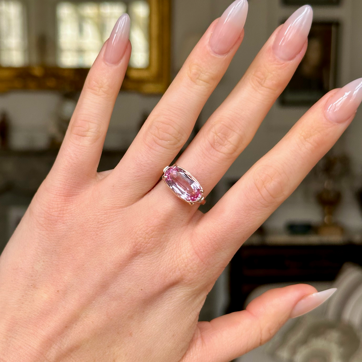 Vintage, 1940s Pale Pink Topaz Ring, worn on hand.