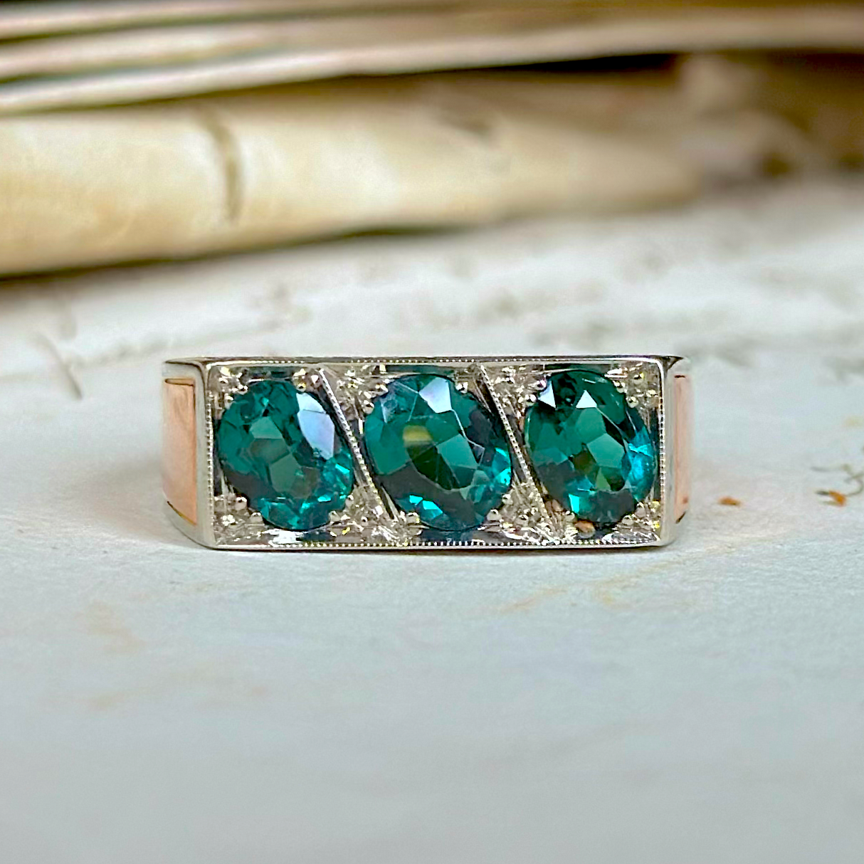 Vintage, 1950s Three-Stone Indicolite Tourmaline Ring, 14ct Rose and White Gold front view