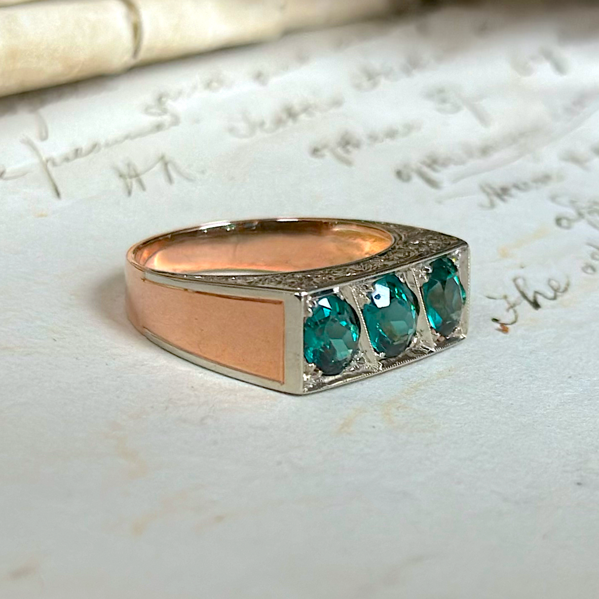 Vintage, 1950s Three-Stone Indicolite Tourmaline Ring, 14ct Rose and White Gold side view