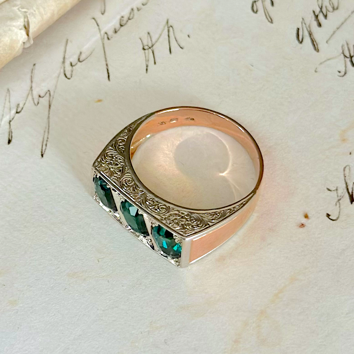 Vintage, 1950s Three-Stone Indicolite Tourmaline Ring, 14ct Rose and White Gold top view