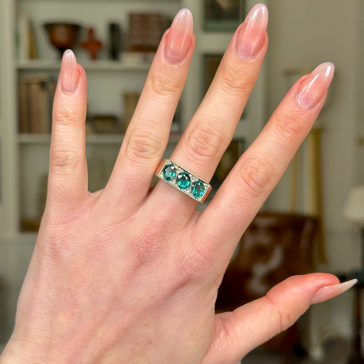 Vintage, 1950s Three-Stone Indicolite Tourmaline Ring, 14ct Rose and White Gold worn on hand.