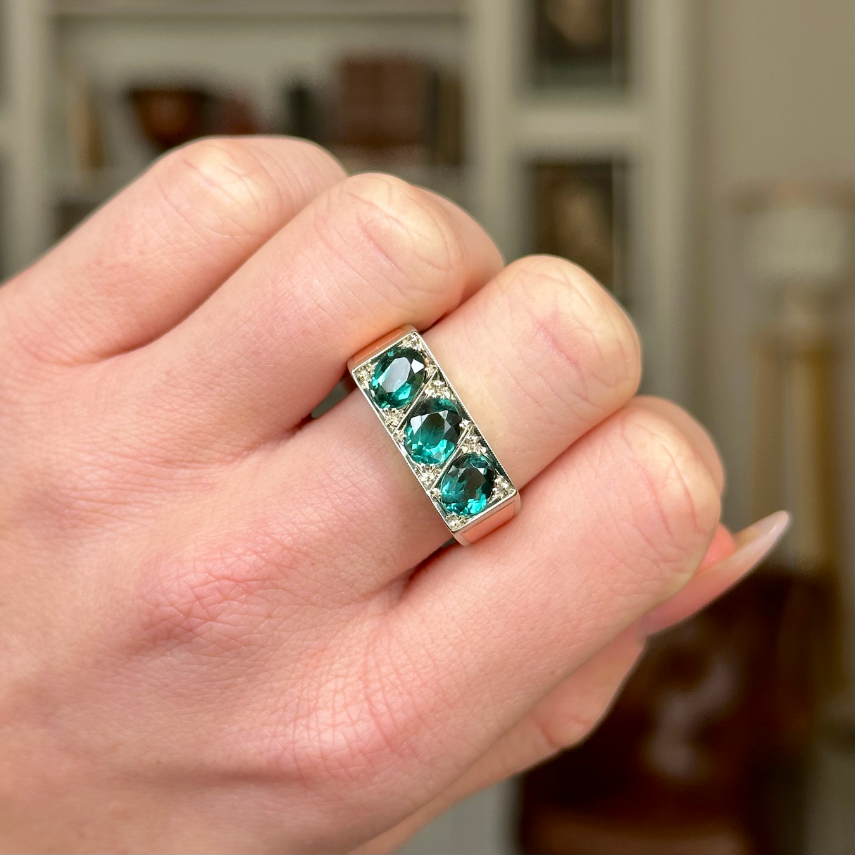 Vintage, 1950s Three-Stone Indicolite Tourmaline Ring, 14ct Rose and White Gold worn on closed hand.