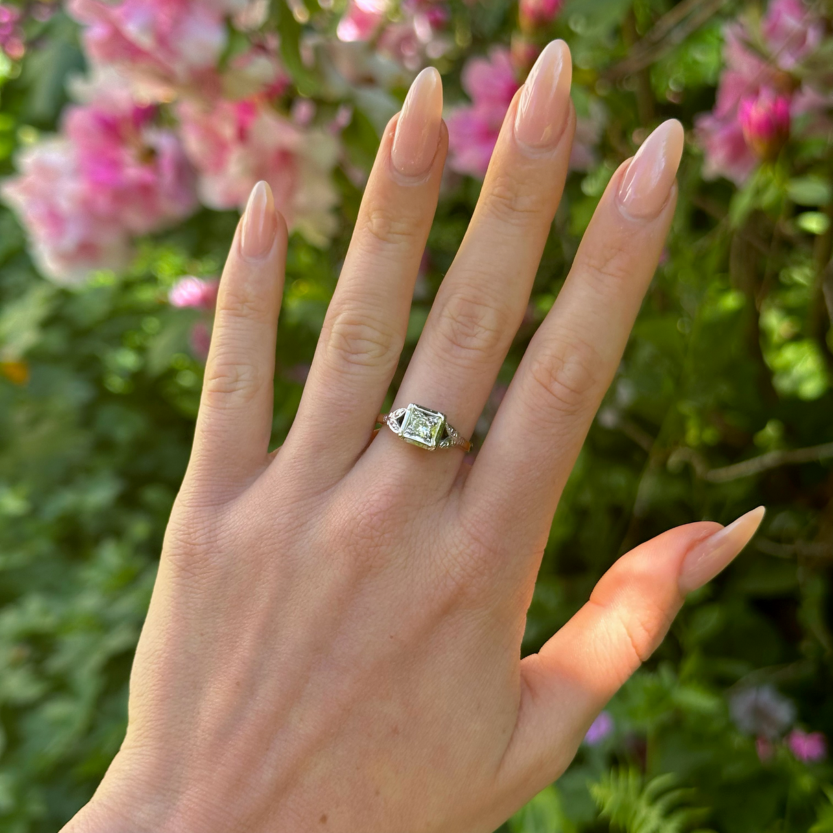Vintage, 1960s Diamond Engagement Ring, 18ct Yellow Gold and Platinum worn on hand.