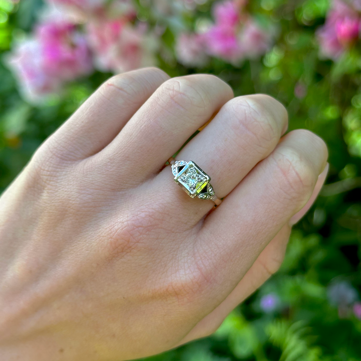 Vintage, 1960s Diamond Engagement Ring, 18ct Yellow Gold and Platinum worn on hand.