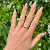Vintage, 1967 Three-Stone White Sapphire Engagement Ring, 18ct Yellow Gold worn on hand.
